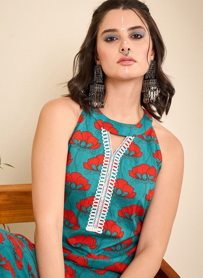 WineRed Wine Red Floral Printed Sleeveless Halter-Neck Pure Cotton Tunic & Trouser - Image 2