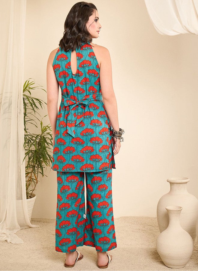 WineRed Wine Red Floral Printed Sleeveless Halter-Neck Pure Cotton Tunic & Trouser - Image 5