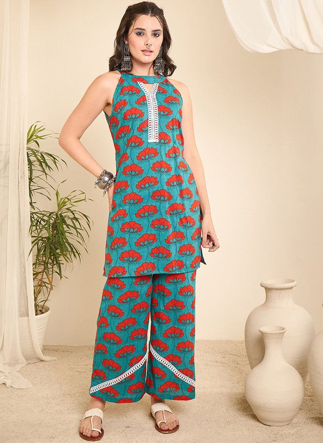 WineRed Wine Red Floral Printed Sleeveless Halter-Neck Pure Cotton Tunic & Trouser - Image 1