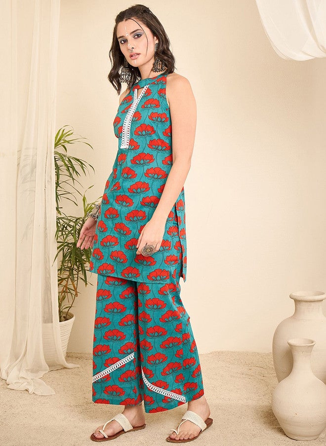 WineRed Wine Red Floral Printed Sleeveless Halter-Neck Pure Cotton Tunic & Trouser - Image 4
