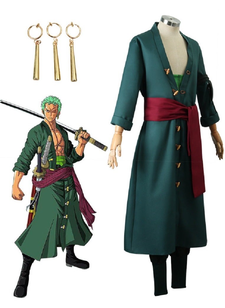 Gerenic Roronoa Zoro Cosplay Costume Outfit, Zorro Green Kimono Suits, Coat + Trousers + Waist Band + Belt + Turban + Earrings, Cosplay Costume for Fans  - Image 1