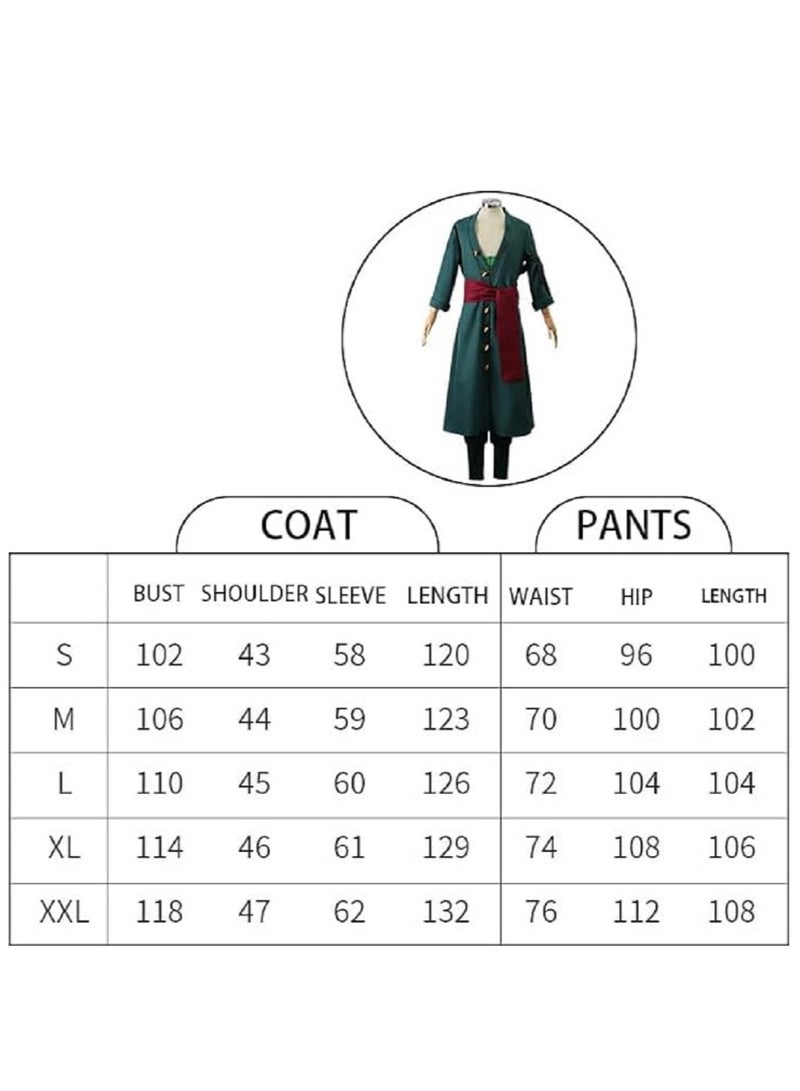 Gerenic Roronoa Zoro Cosplay Costume Outfit, Zorro Green Kimono Suits, Coat + Trousers + Waist Band + Belt + Turban + Earrings, Cosplay Costume for Fans  - Image 5