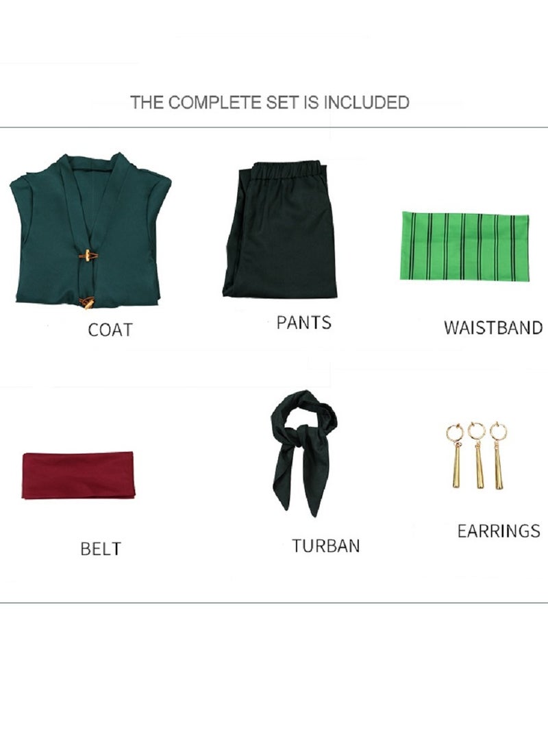 Gerenic Roronoa Zoro Cosplay Costume Outfit, Zorro Green Kimono Suits, Coat + Trousers + Waist Band + Belt + Turban + Earrings, Cosplay Costume for Fans  - Image 4