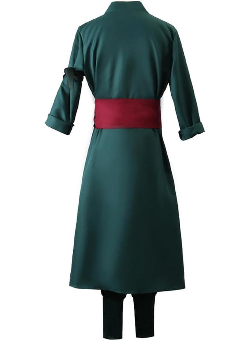 Gerenic Roronoa Zoro Cosplay Costume Outfit, Zorro Green Kimono Suits, Coat + Trousers + Waist Band + Belt + Turban + Earrings, Cosplay Costume for Fans  - Image 3