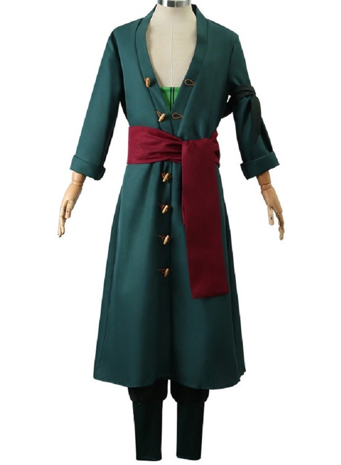 Gerenic Roronoa Zoro Cosplay Costume Outfit, Zorro Green Kimono Suits, Coat + Trousers + Waist Band + Belt + Turban + Earrings, Cosplay Costume for Fans  - Image 2