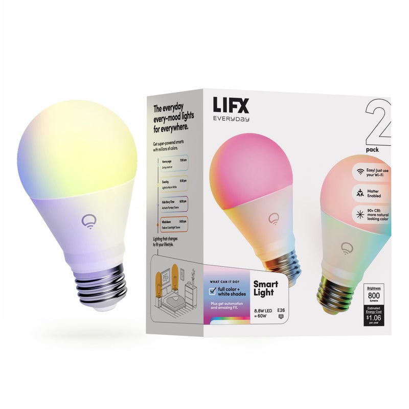LIFX Everyday A19 Smart Light Bulbs 2 Pack, 800 Lumens RGB Color Changing LED Bulbs, 90+ CRI Tunable White, Dimmable Wi-Fi Smart Bulbs, Matter Compatible, Works with Alexa Google Apple Home - Image 1