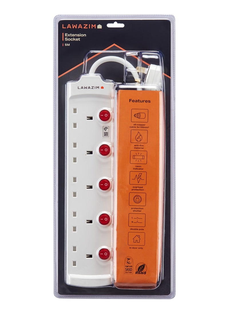 LAWAZIM - heavy duty 5 Way Extension Cable with individual port on/off buttons | 5 Meters | 2990W - Image 1