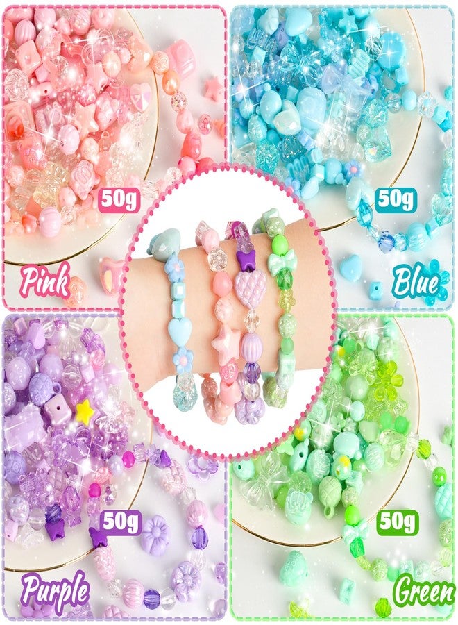 RYKOMO 450-550PCS Assorted Acrylic Beads for Bracelet Making Kit, with Bell, String, Key Rings, Clips in 4 Colors Flowers Hearts Bows Bears Candy Kawaii Cute Beads for DIY Keychain Jewelry Making - Image 3