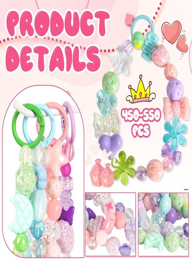 RYKOMO 450-550PCS Assorted Acrylic Beads for Bracelet Making Kit, with Bell, String, Key Rings, Clips in 4 Colors Flowers Hearts Bows Bears Candy Kawaii Cute Beads for DIY Keychain Jewelry Making - Image 5