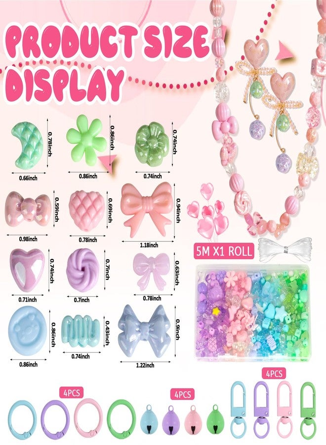 RYKOMO 450-550PCS Assorted Acrylic Beads for Bracelet Making Kit, with Bell, String, Key Rings, Clips in 4 Colors Flowers Hearts Bows Bears Candy Kawaii Cute Beads for DIY Keychain Jewelry Making - Image 2