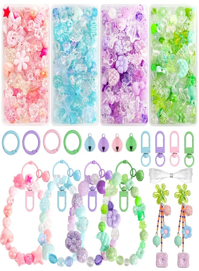 RYKOMO 450-550PCS Assorted Acrylic Beads for Bracelet Making Kit, with Bell, String, Key Rings, Clips in 4 Colors Flowers Hearts Bows Bears Candy Kawaii Cute Beads for DIY Keychain Jewelry Making - Image 1