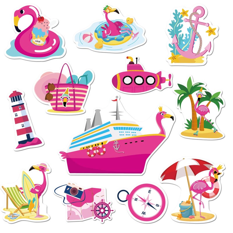 MENIFEND Cruise Door Decorations Magnetic, 12 Pcs Cute Flamingo Tropical Nautical Vacation Cruise Magnets, Fun Cruising Must Haves Magnetic Ship Cabin Door Signs Fridge Decor - Image 1