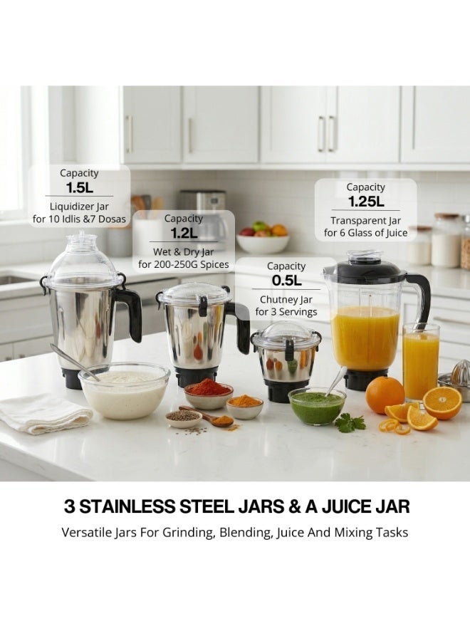 دوميا Mixer Grinder, 4-in-1, 1000W High-Power, 100% Copper Motor, Stainless Steel Blades, 3 Speed Settings with Pulse Control, Overload Protection, Heavy-Duty Stainless Steel Body-KMX450 - Image 3