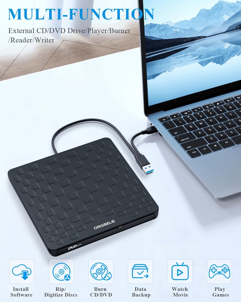 ORIGBELIE External CD DVD Drive for Laptop, USB 3.0 Type-C Ultra Slim 13mm DVD Player Portable CD DVD +/-RW Drive CD Burner Reader Writer Recorder for Desktop PC Windows 11/10/8/7 Linux Mac OS (Black) - Image 5