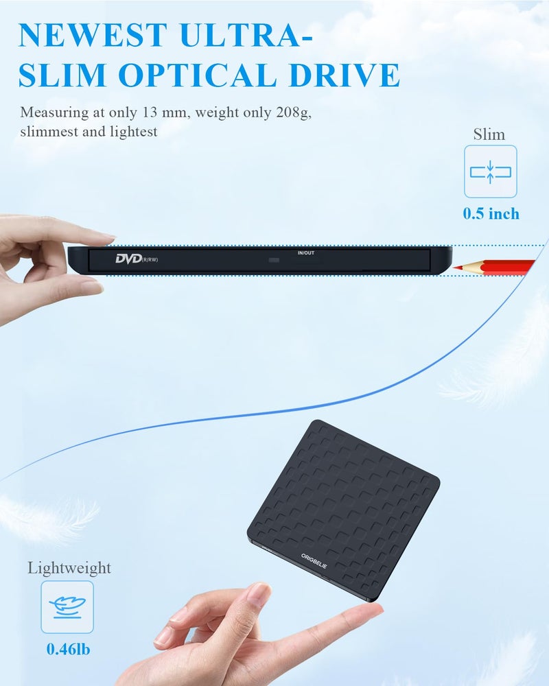 ORIGBELIE External CD DVD Drive for Laptop, USB 3.0 Type-C Ultra Slim 13mm DVD Player Portable CD DVD +/-RW Drive CD Burner Reader Writer Recorder for Desktop PC Windows 11/10/8/7 Linux Mac OS (Black) - Image 2