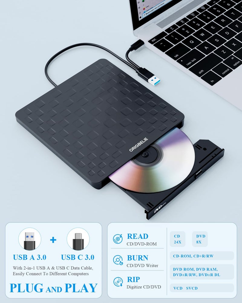 ORIGBELIE External CD DVD Drive for Laptop, USB 3.0 Type-C Ultra Slim 13mm DVD Player Portable CD DVD +/-RW Drive CD Burner Reader Writer Recorder for Desktop PC Windows 11/10/8/7 Linux Mac OS (Black) - Image 3