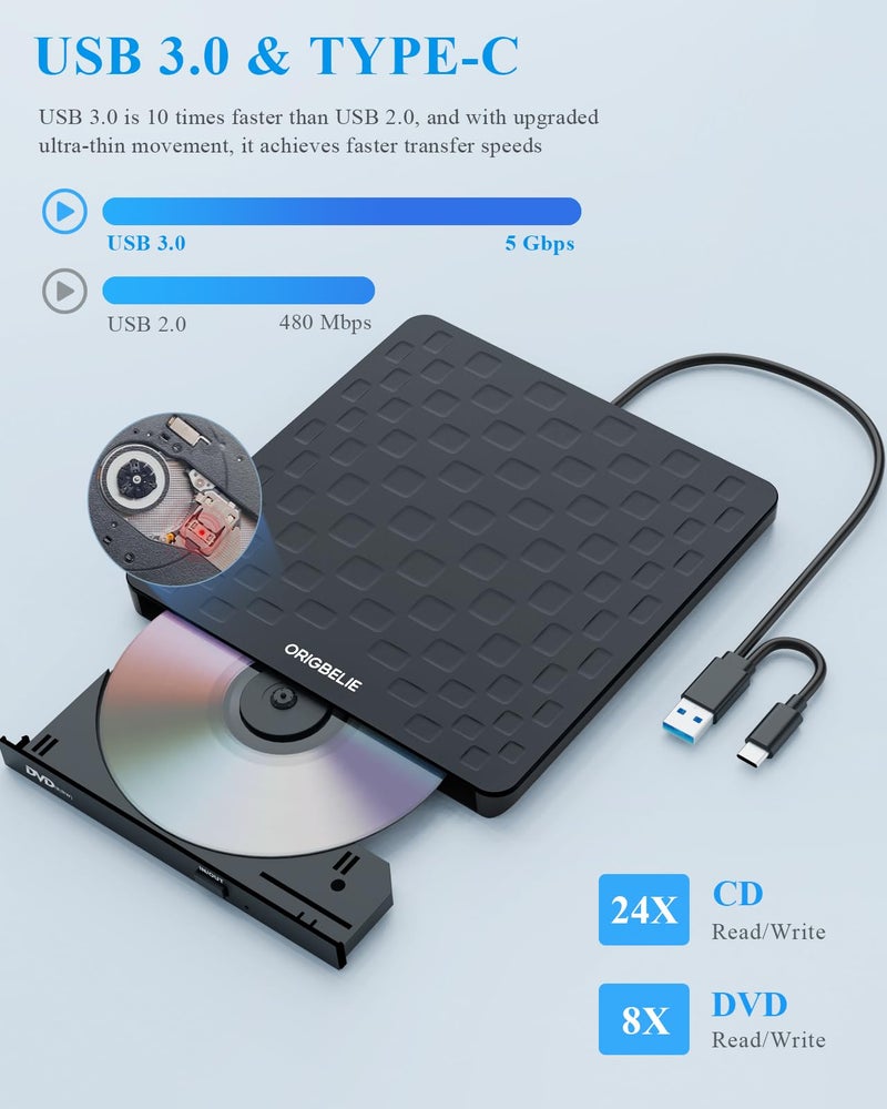 ORIGBELIE External CD DVD Drive for Laptop, USB 3.0 Type-C Ultra Slim 13mm DVD Player Portable CD DVD +/-RW Drive CD Burner Reader Writer Recorder for Desktop PC Windows 11/10/8/7 Linux Mac OS (Black) - Image 4