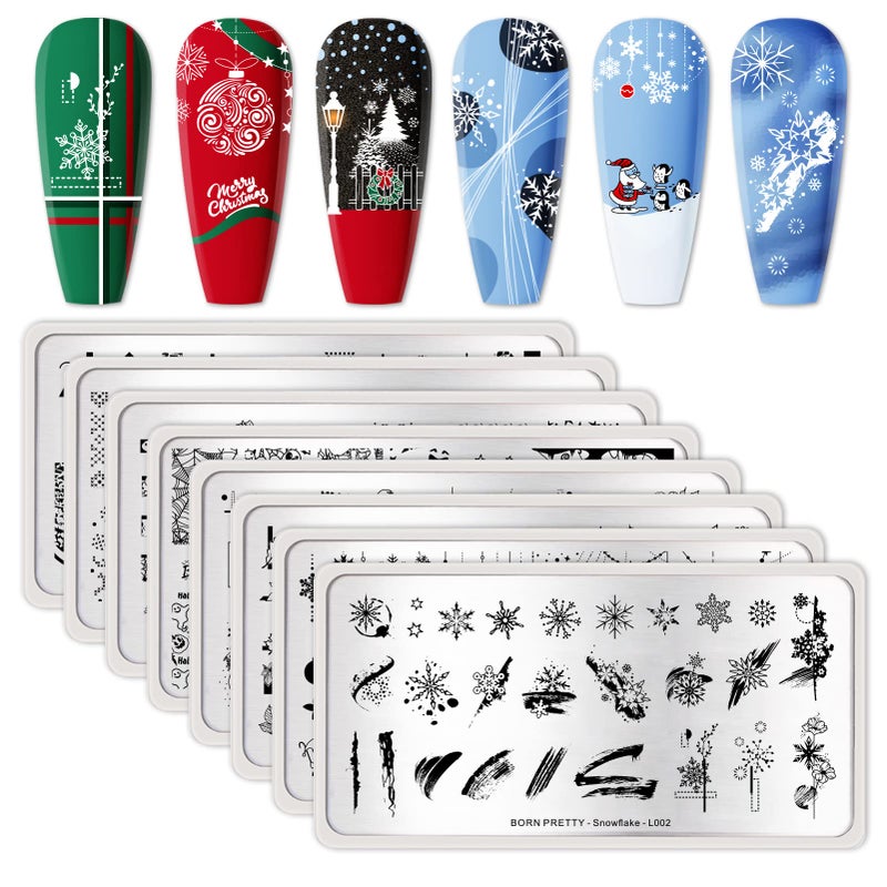 Born Pretty Christmas Nail Stamping Plates 8PCS Nail Art Design Kit Fall Winter Halloween Christmas Tree Patterns Templates with Snowflake Cute Deer Nail Art Image Plates DIY Printing Tools - Image 1