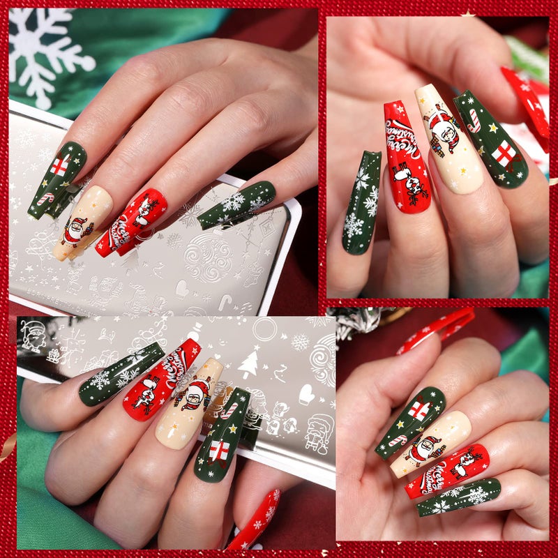 Born Pretty Christmas Nail Stamping Plates 8PCS Nail Art Design Kit Fall Winter Halloween Christmas Tree Patterns Templates with Snowflake Cute Deer Nail Art Image Plates DIY Printing Tools - Image 3