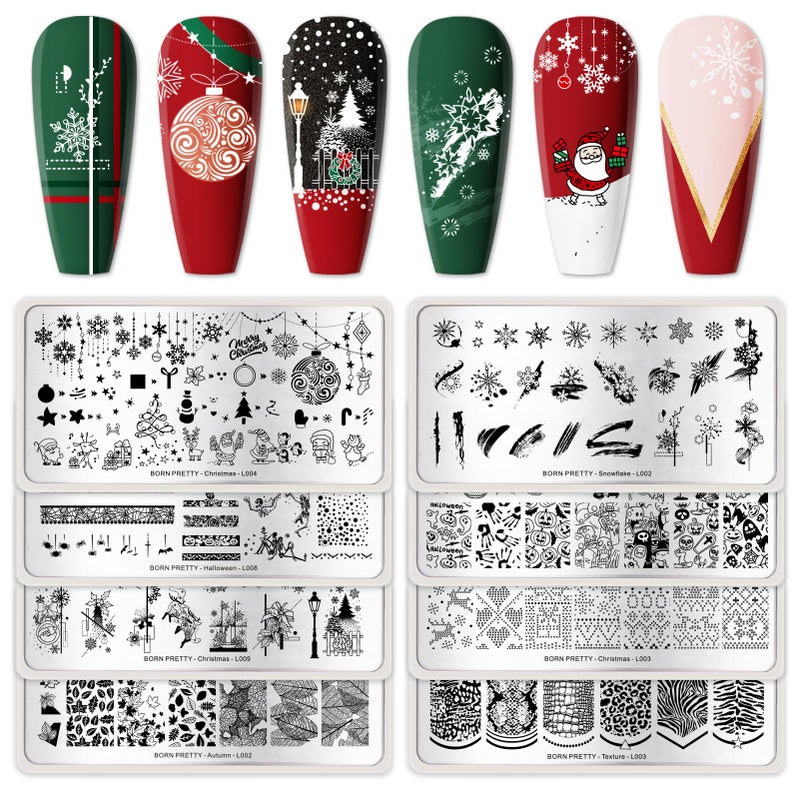 Born Pretty Christmas Nail Stamping Plates 8PCS Nail Art Design Kit Fall Winter Halloween Christmas Tree Patterns Templates with Snowflake Cute Deer Nail Art Image Plates DIY Printing Tools - Image 2