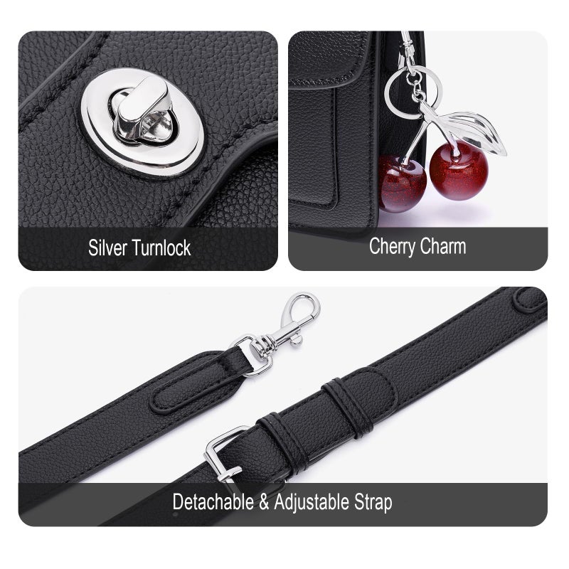 Lexiyat Purses for Women Trendy Crossbody Bags Leather Designer Handbags Travel Shoulder Cherry Bags Charm with 2 Straps Black - Image 5
