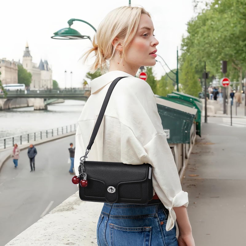 Lexiyat Purses for Women Trendy Crossbody Bags Leather Designer Handbags Travel Shoulder Cherry Bags Charm with 2 Straps Black - Image 2
