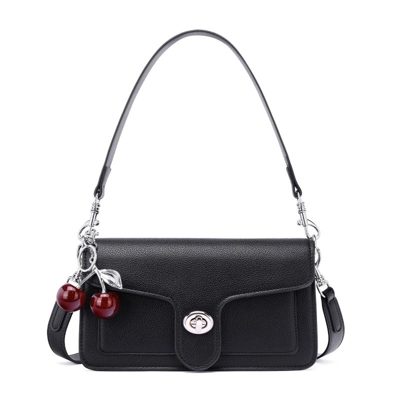 Lexiyat Purses for Women Trendy Crossbody Bags Leather Designer Handbags Travel Shoulder Cherry Bags Charm with 2 Straps Black - Image 1