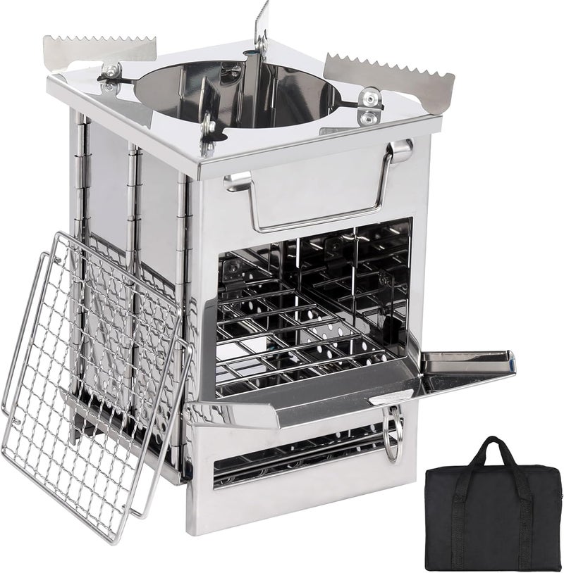 CAMPMAX Portable Folding Camping Wood Stove for Outdoor Cooking, Sturdy Lightweight 304 Stainless Steel Wood Burning Camp Stove with Grill for Backpacking BBQ Small/Large (Small Grid and Pot Stand) - Image 1