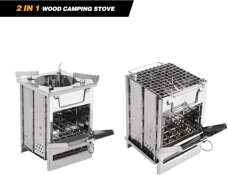 CAMPMAX Portable Folding Camping Wood Stove for Outdoor Cooking, Sturdy Lightweight 304 Stainless Steel Wood Burning Camp Stove with Grill for Backpacking BBQ Small/Large (Small Grid and Pot Stand) - Image 3