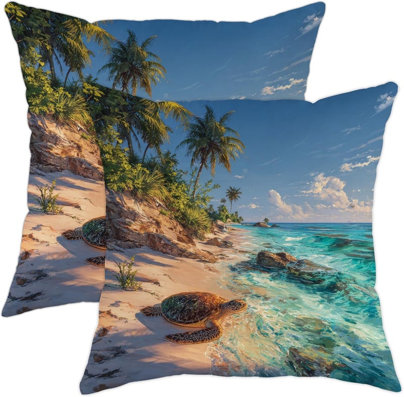 Beach Turtle Throw Pillow Covers Set of 2, Ocean Blue Tropical Ocean Creatures Cushion Cases, Nautical Decorative Square Cover for Summer Home Sofa Couch Decor 28x28 Inch - Image 1