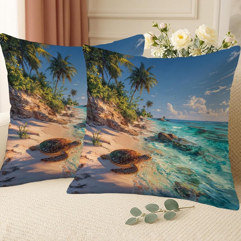Beach Turtle Throw Pillow Covers Set of 2, Ocean Blue Tropical Ocean Creatures Cushion Cases, Nautical Decorative Square Cover for Summer Home Sofa Couch Decor 28x28 Inch - Image 3