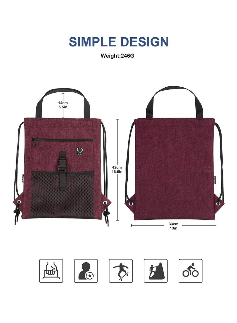 Drawstring Sackpack Bag, Handle Gym with Pockets Sports Sack Bag Outdoor Exercise Running Swimming Backpack Unisex Red 16.5x13In - Image 5