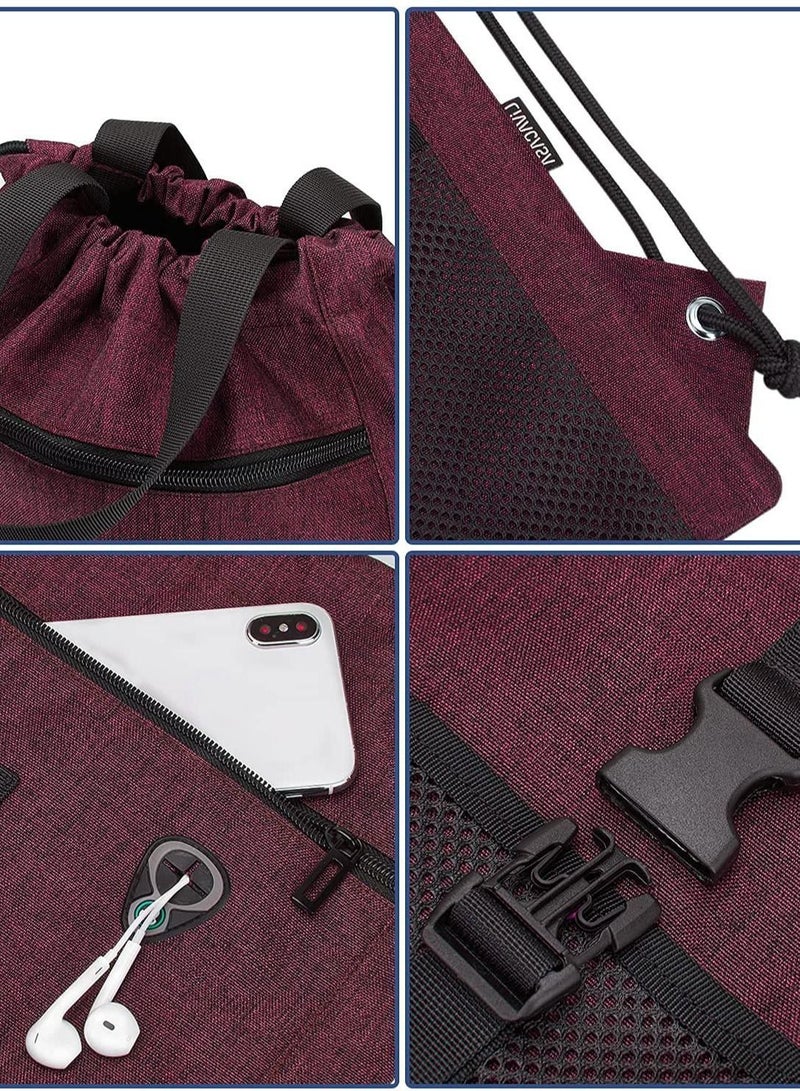 Drawstring Sackpack Bag, Handle Gym with Pockets Sports Sack Bag Outdoor Exercise Running Swimming Backpack Unisex Red 16.5x13In - Image 4
