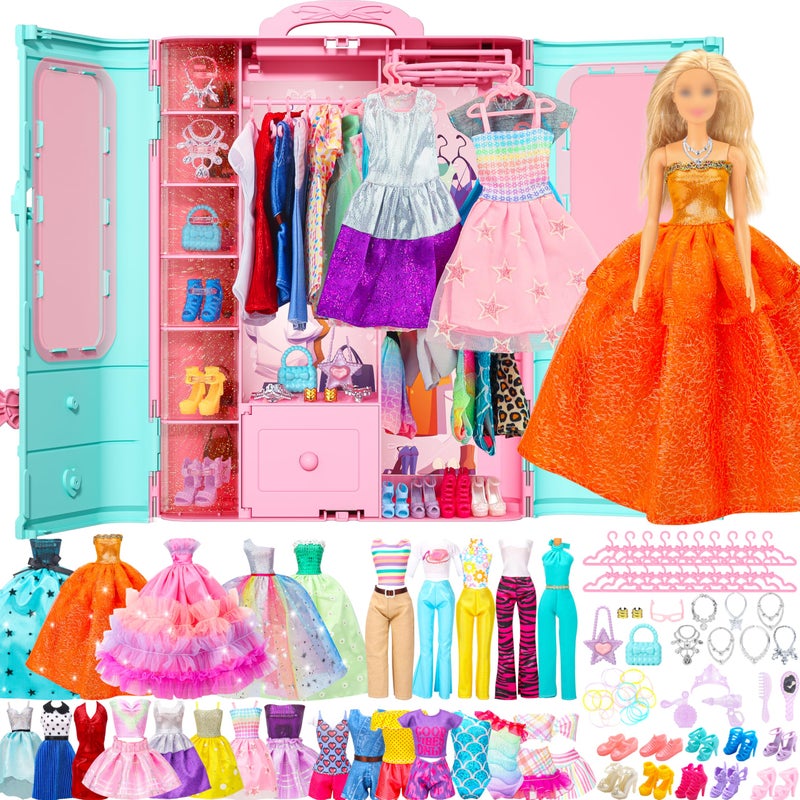 Style Shine 70 Pcs Doll Closet with Clothes Accessories Including 2 Wedding Gowns 6 Fashion Dresses 2 Casual Outfits 2 Swimsuit 10 Shoes 20 Hangers 27 AccessoriesDress up Toys for Girls Kids Gifts - Image 3