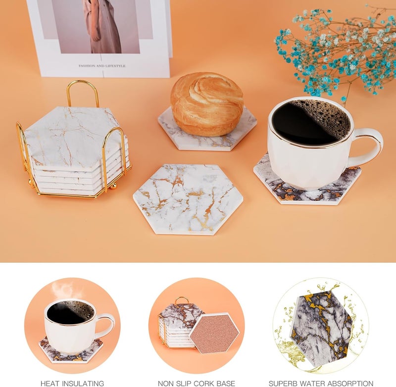 Geichan Coasters for Drinks with Metal Holder, 8 pcs Marble Ceramic Coaster Set with Cork Base for Tabletop Protection, Home Decor, Bar Coasters - Image 2