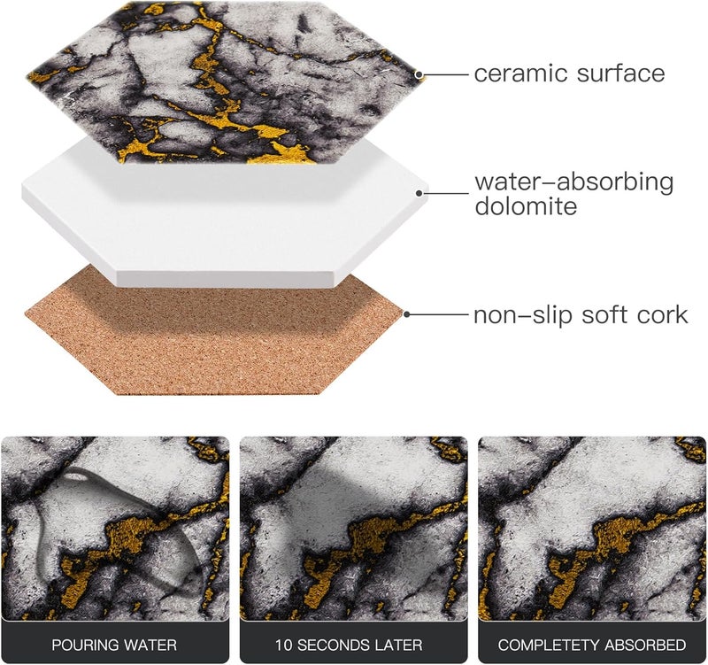 Geichan Coasters for Drinks with Metal Holder, 8 pcs Marble Ceramic Coaster Set with Cork Base for Tabletop Protection, Home Decor, Bar Coasters - Image 5