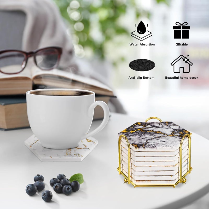 Geichan Coasters for Drinks with Metal Holder, 8 pcs Marble Ceramic Coaster Set with Cork Base for Tabletop Protection, Home Decor, Bar Coasters - Image 3