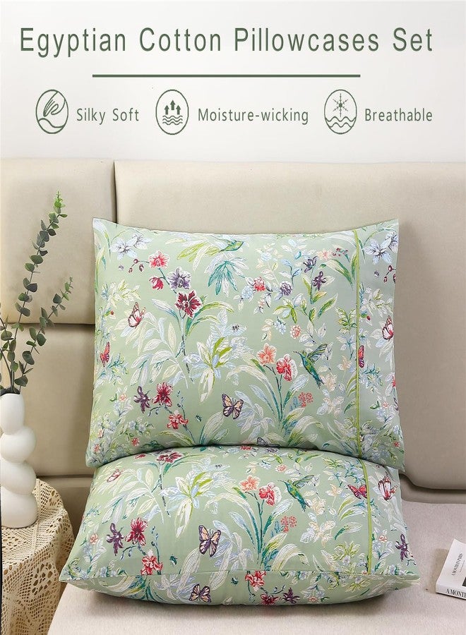 URBONUR 100% Cotton Pillowcases Set of 2 Queen Size Floral Printed Butterfly Pillow Cases Soft Breathable Cooling Pillowcase Decorative Pillow Cover (Queen, 20x30 Inches, Green Flowers) - Image 2