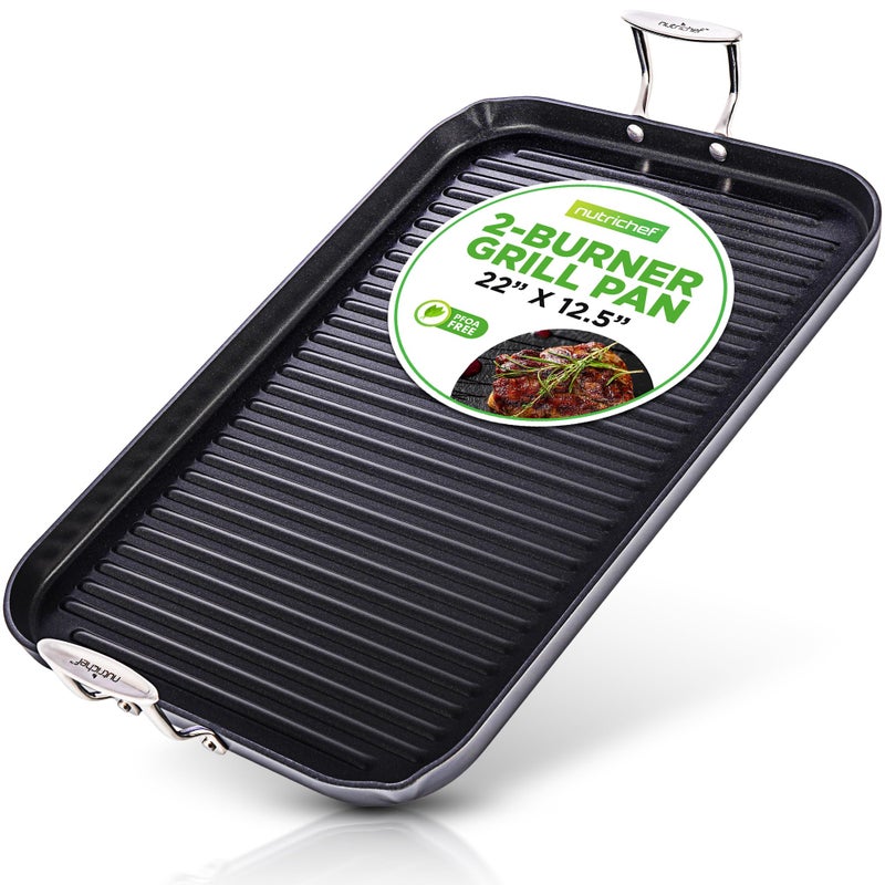 NutriChef 20"x13" Stove Top Grill Pan - Double Burner, Hard-Anodized Non stick Grill & Griddle Pan - Image 1