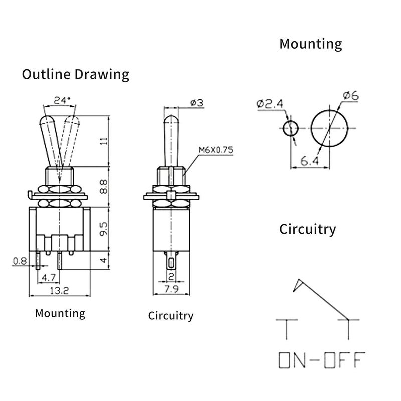 Taiss 10PCS MTS-101 2-Pin SPST Touch ON/Off 6A 125V 2 Position Mini Miniature Toggle Switch - Image 2