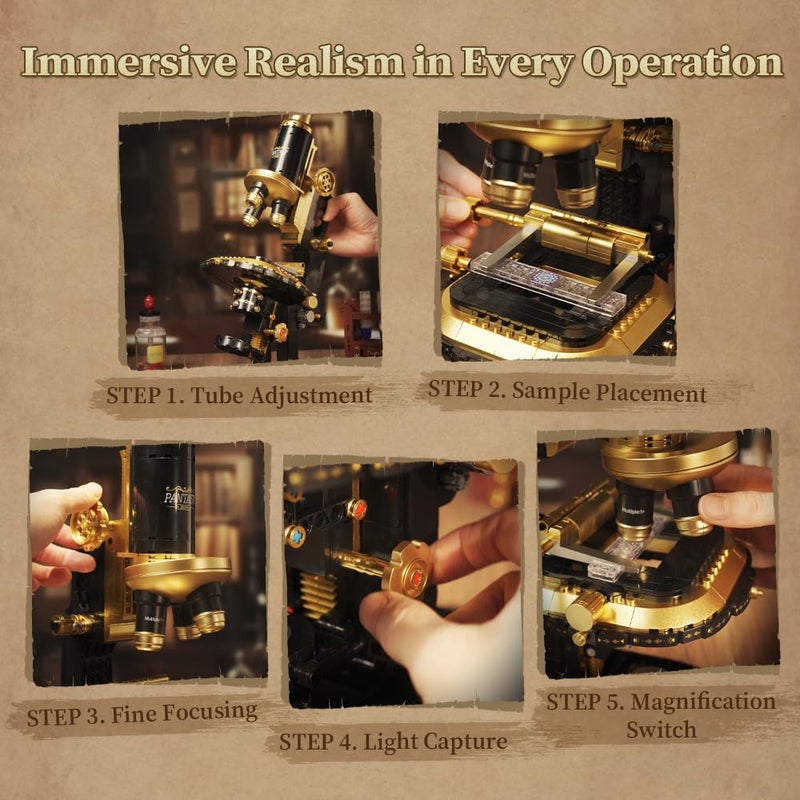 PANTASY Retro Microscope Building Kit for Adults, Antique Science Instrument Model with Mechanical Design, Brass Finish & Lab Accessories, Collectible Display Brick Set - Image 3
