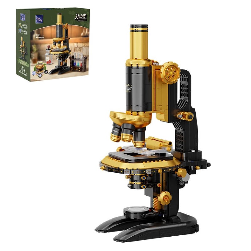 PANTASY Retro Microscope Building Kit for Adults, Antique Science Instrument Model with Mechanical Design, Brass Finish & Lab Accessories, Collectible Display Brick Set - Image 1