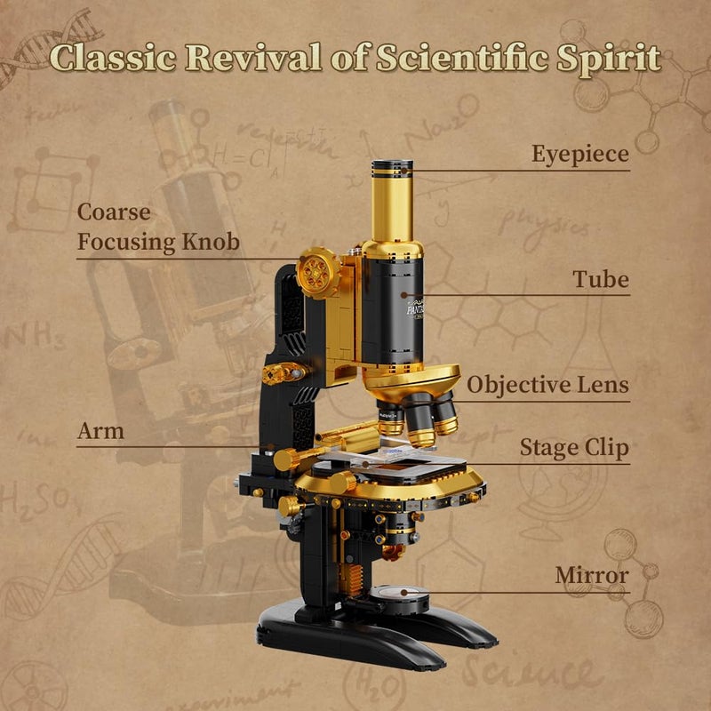 PANTASY Retro Microscope Building Kit for Adults, Antique Science Instrument Model with Mechanical Design, Brass Finish & Lab Accessories, Collectible Display Brick Set - Image 2