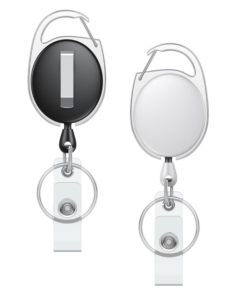 Uniclife 2 Pack Retractable Badge Reel for Badge Holder Black White Heavy Duty Retractable Keychain Strong ABS Casing with Stainless Steel Spring Coil 24 Inch Nylon Rope Carabiner Clip and Key Ring - Image 1