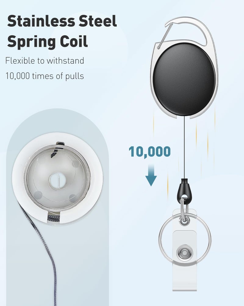Uniclife 2 Pack Retractable Badge Reel for Badge Holder Black White Heavy Duty Retractable Keychain Strong ABS Casing with Stainless Steel Spring Coil 24 Inch Nylon Rope Carabiner Clip and Key Ring - Image 2