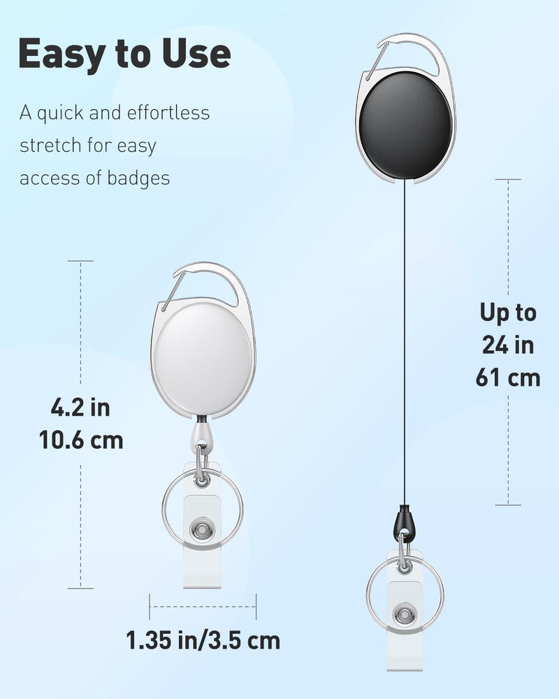 Uniclife 2 Pack Retractable Badge Reel for Badge Holder Black White Heavy Duty Retractable Keychain Strong ABS Casing with Stainless Steel Spring Coil 24 Inch Nylon Rope Carabiner Clip and Key Ring - Image 3