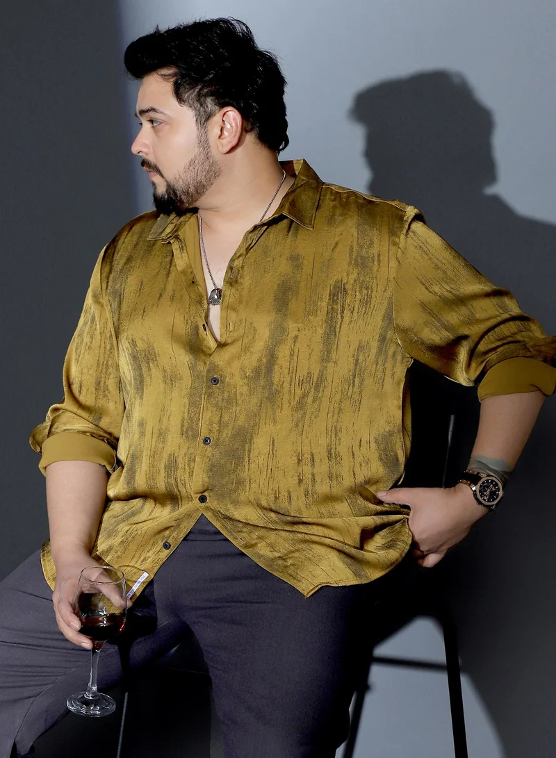 Instafab Plus Instafab Plus Men Gleaming-Grazed Satin Shirt | Spread Collar , Long Cuffed Sleeves | Button Closure , Curved Hem | Abstract Print Plain | Woven Fabric For Party & Evening Wear | Mustard Yellow
