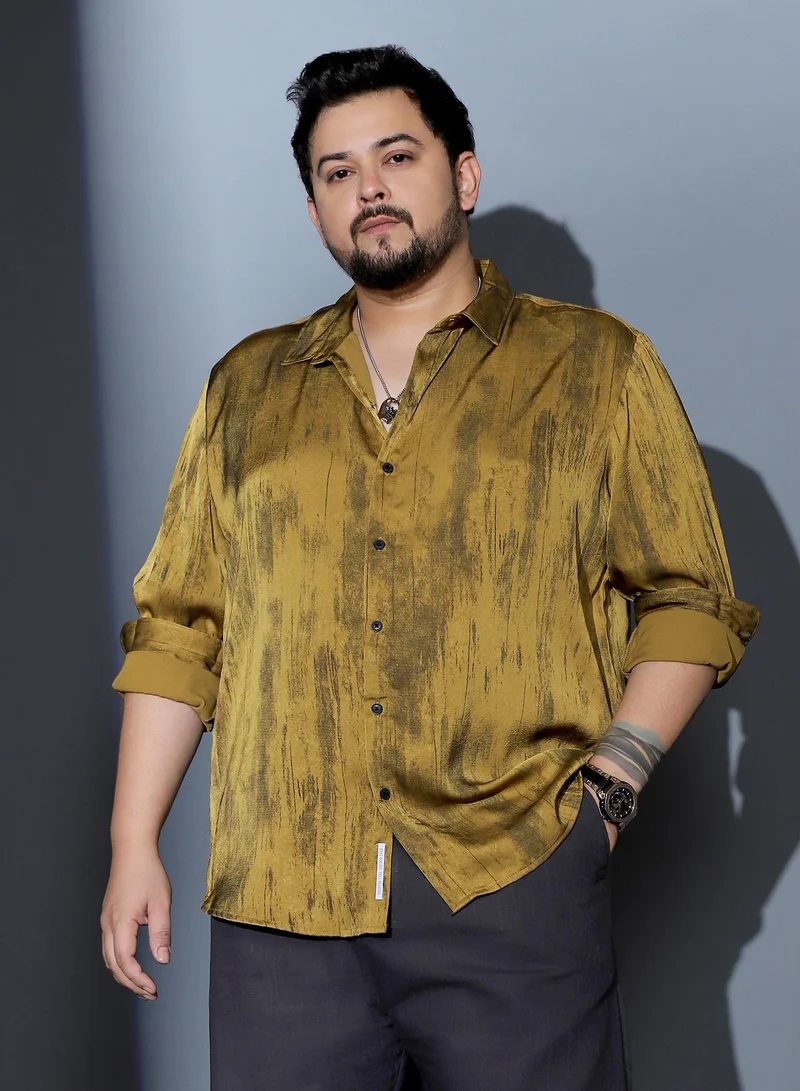 Instafab Plus Instafab Plus Men Gleaming-Grazed Satin Shirt | Spread Collar , Long Cuffed Sleeves | Button Closure , Curved Hem | Abstract Print Plain | Woven Fabric For Party & Evening Wear | Mustard Yellow