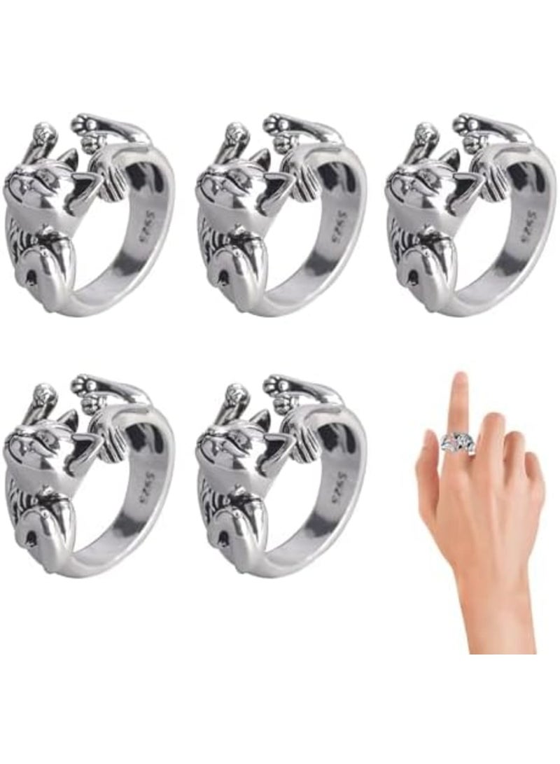 SYOSI 5 قطع حلقة حياكة قابلة للتعديل، حامل خيوط مفتوح الأصابع، حلقة فتح القطط، حلقة شخصية للقطط، دليل خيوط الأصابع لحلقة الحياكة للتجديل اليدوي (فضي) - Image 1