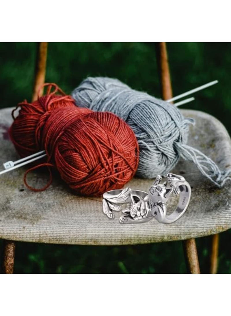 SYOSI 5 قطع حلقة حياكة قابلة للتعديل، حامل خيوط مفتوح الأصابع، حلقة فتح القطط، حلقة شخصية للقطط، دليل خيوط الأصابع لحلقة الحياكة للتجديل اليدوي (فضي) - Image 2